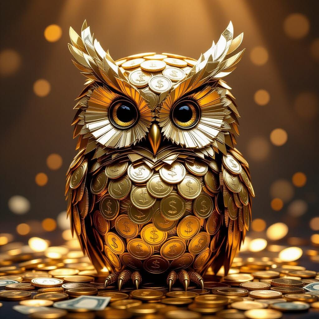 Wise Owl of Gold Coins and Bills in Cinematic Glow