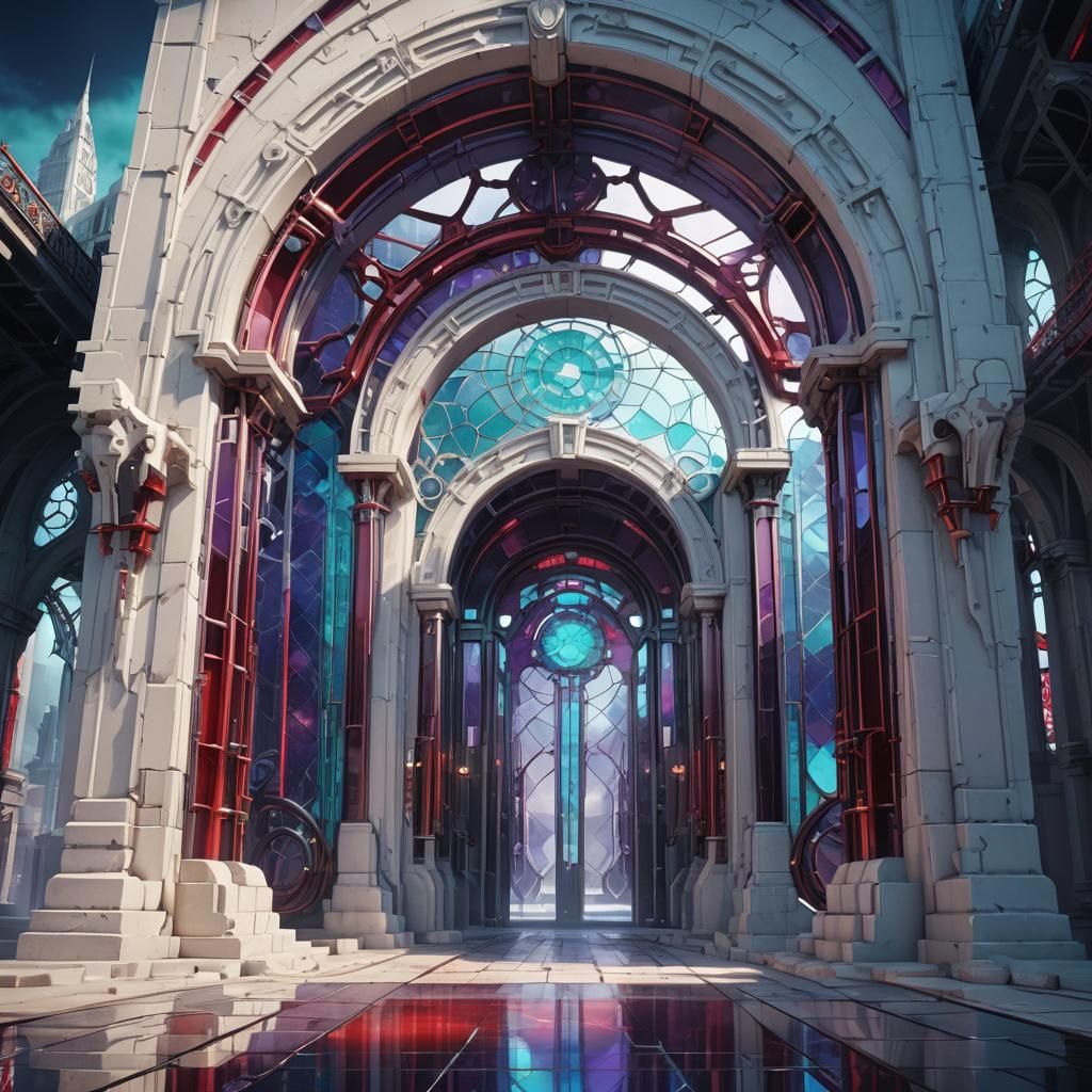 Cyber-Futuristic Arch with Stained Glass Inserts