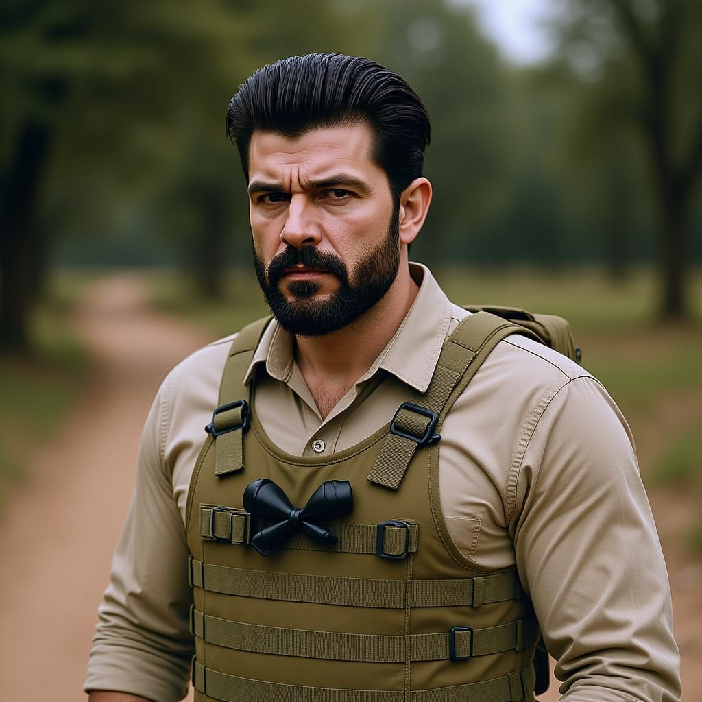 Rugged Man with Tactical Vest in Rural Setting