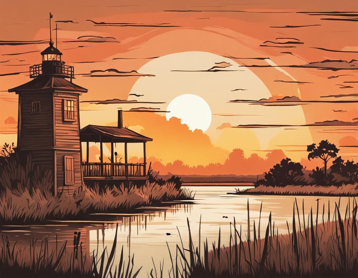 Marshland Sunset in 1970s Comic Style