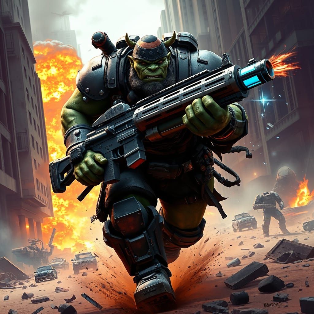 Cyberpunk Orc Charges into Ruined Metropolis