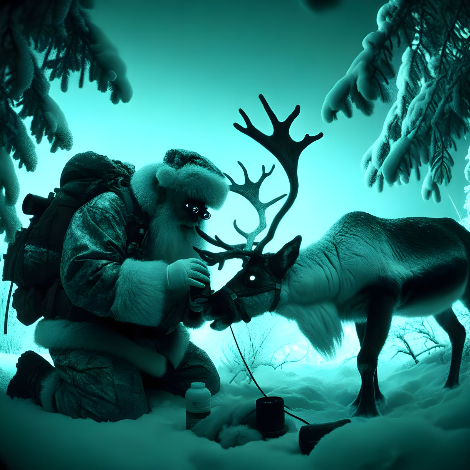 Surreal Night Vision Wildlife Camera Scene of Santa Claus Fe...