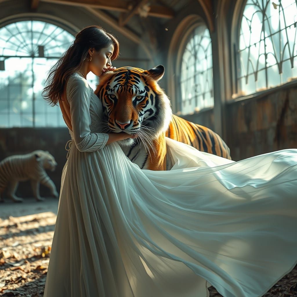 Surreal Woman Petting Tiger in Abandoned Zoo