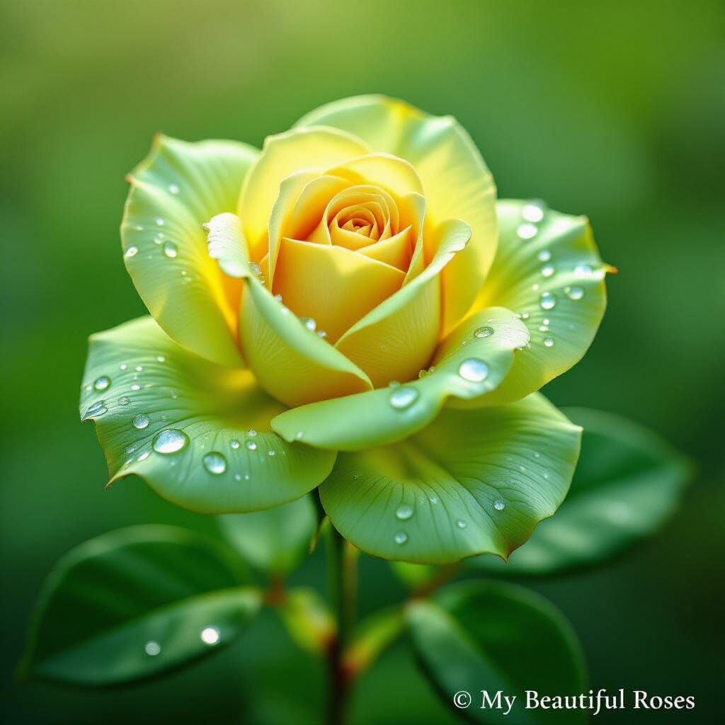 Lush Green Rose Bud with Water Droplets in Hyperrealism