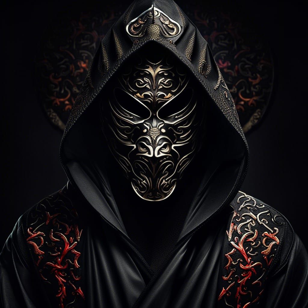 Mysterious Oni Masked Man in Hooded Robe