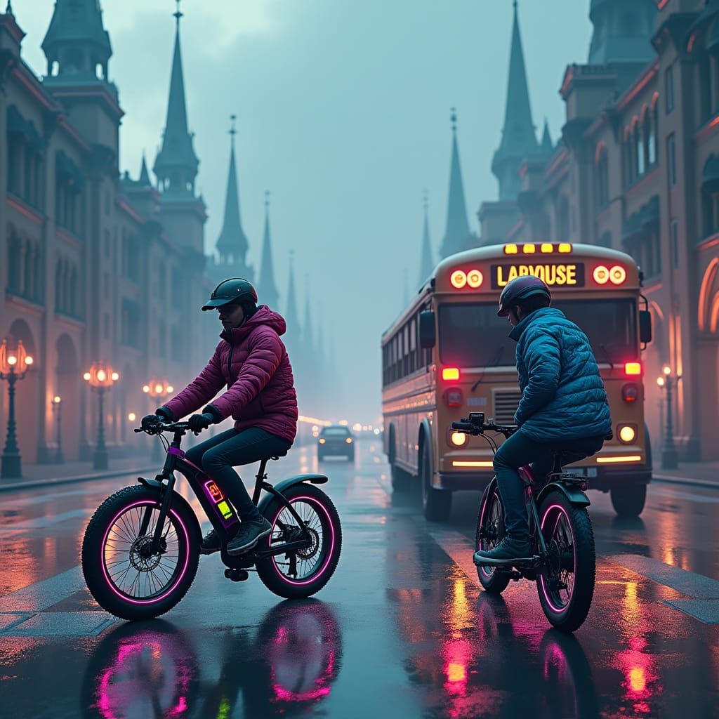 Futuristic E-Bikes Await Green Light in Mystical City