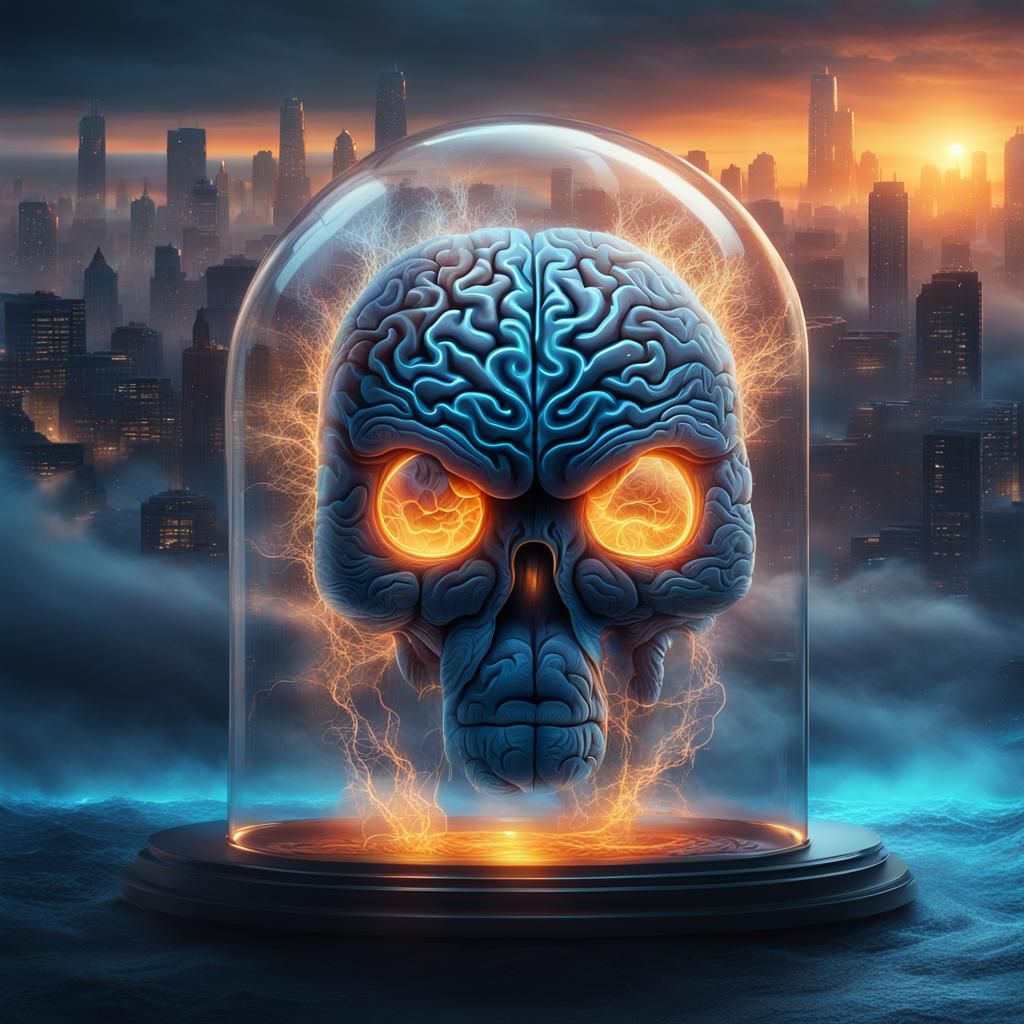 Eerie Glass Brain in Dark Fantasy Cityscape
