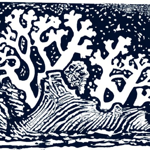 Coral Reef Seascape in Lino Print Style