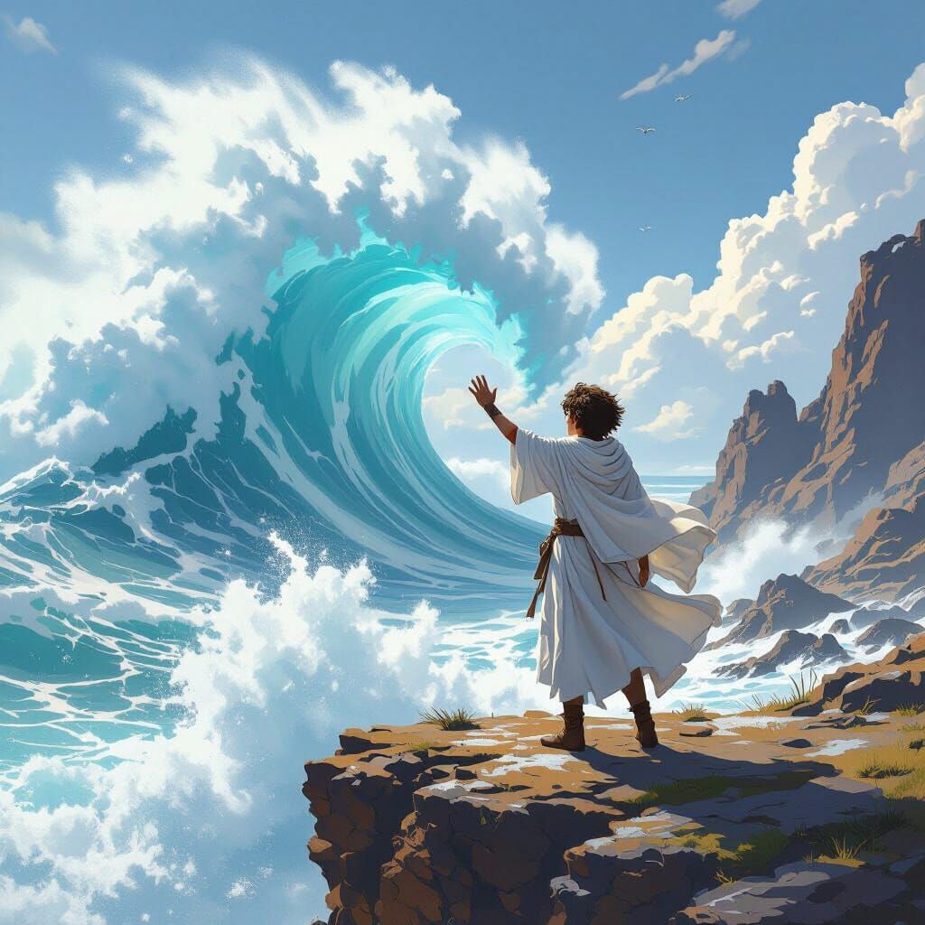 Demigod Summons Wave on Cliffside, Atmospheric Landscape