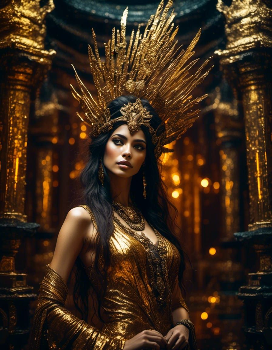 Elegant Woman in Gold Temple as Post-Impressionist Painting