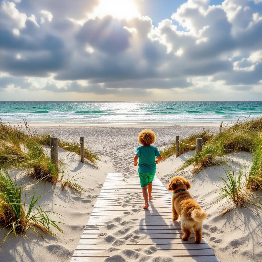 Beach Scene with Boy, Puppy, and Dramatic Sky