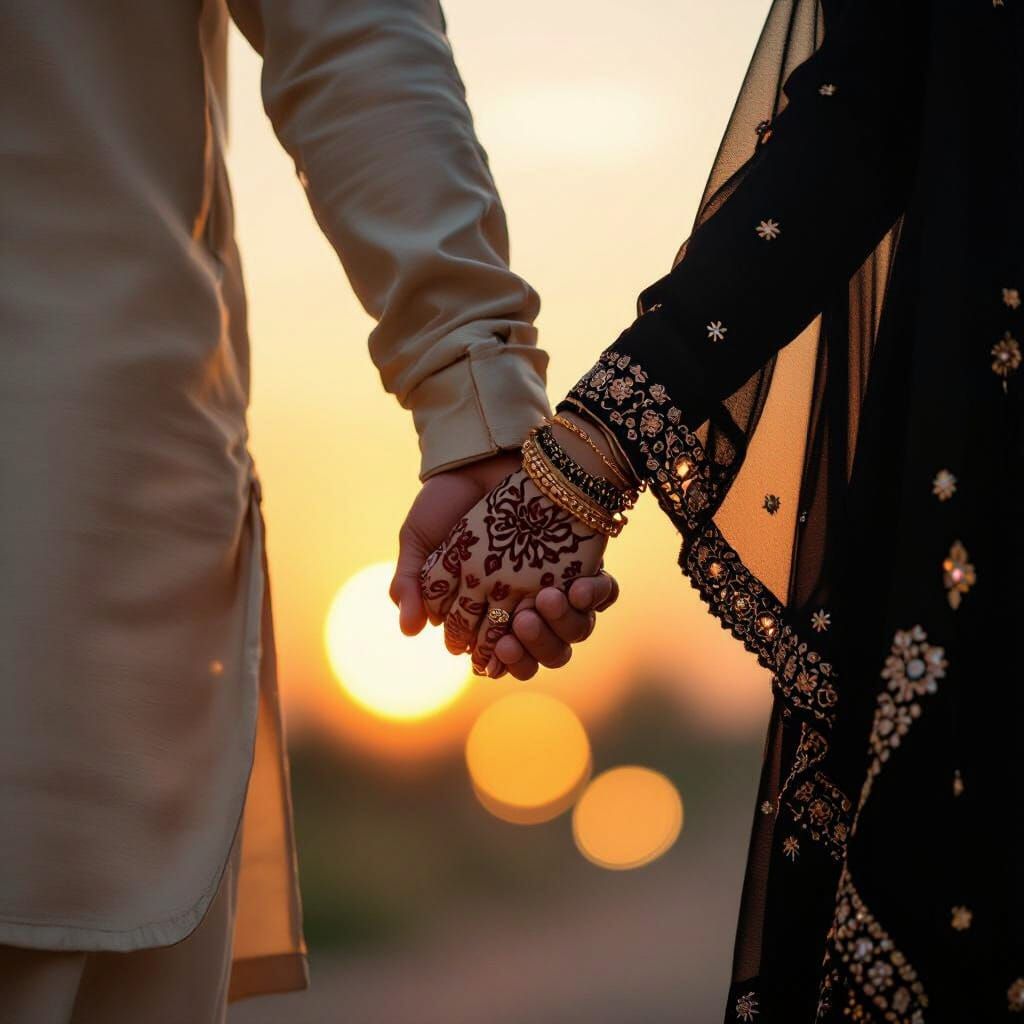 Couple Holding Hands at Sunset, Photorealistic Style