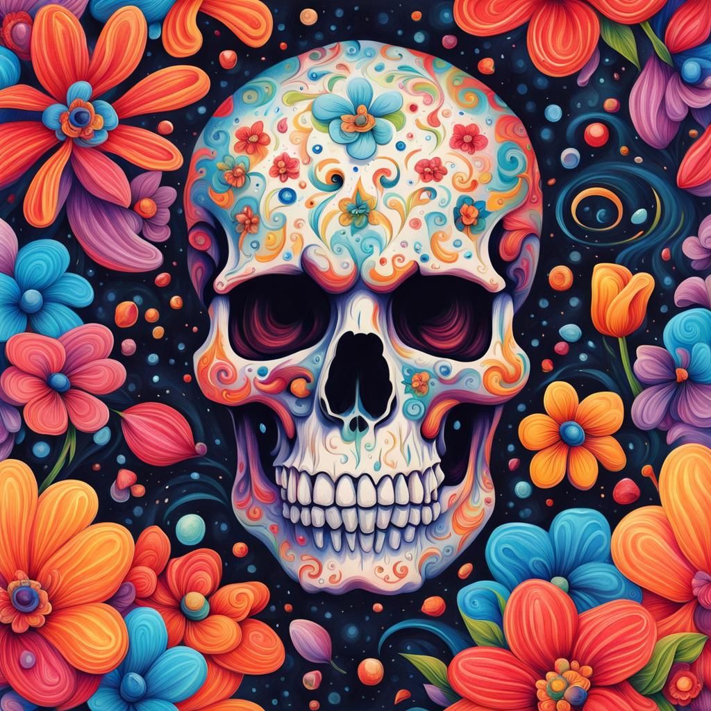 Dew-Kissed Skull Surrounded by Flowers in Gouache Style