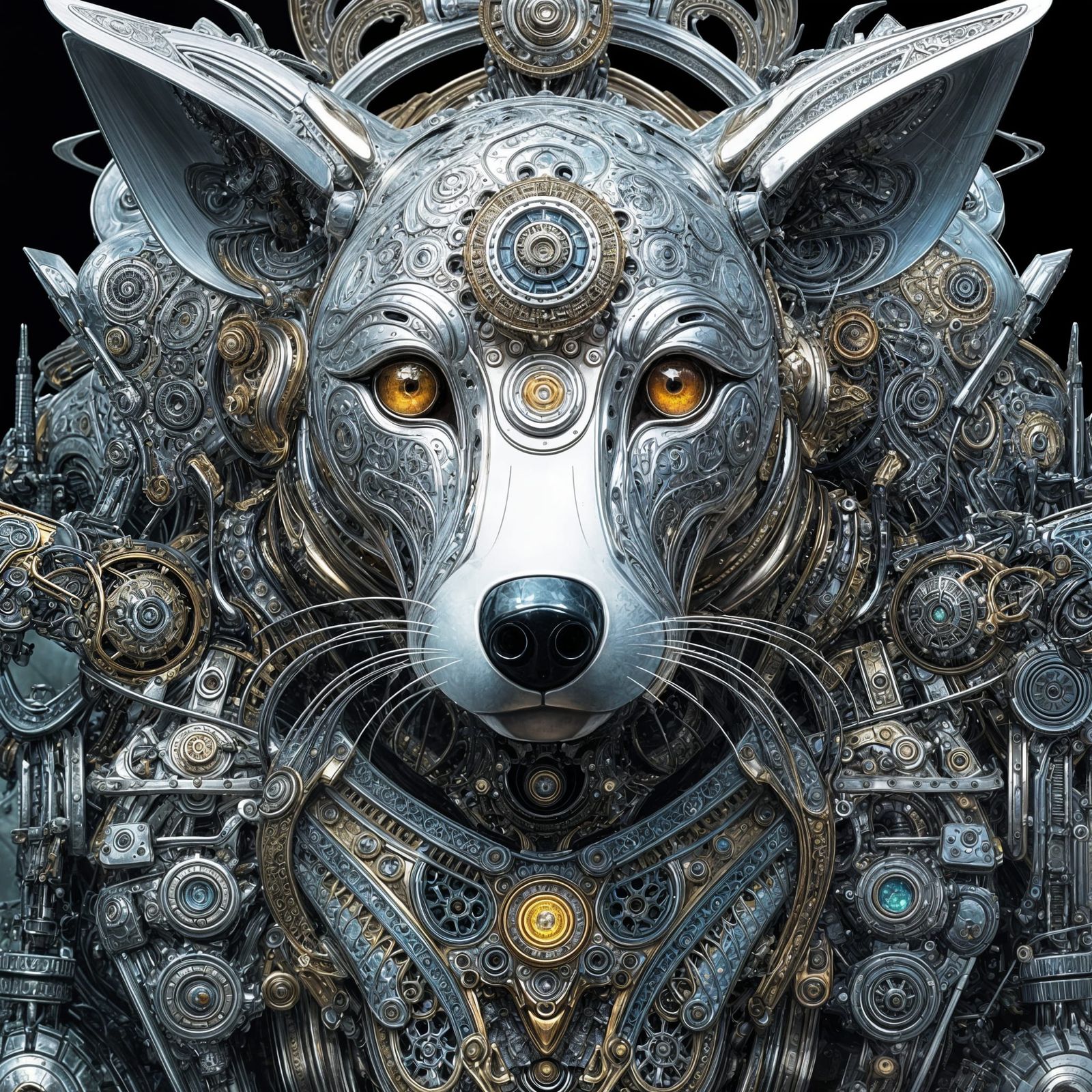 Silver Filigree Robot Dog: Detailed Digital Art