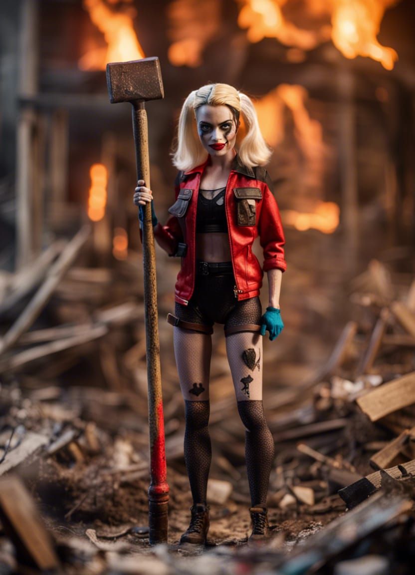 Barbie as Harley Quinn in Apocalyptic Landscape