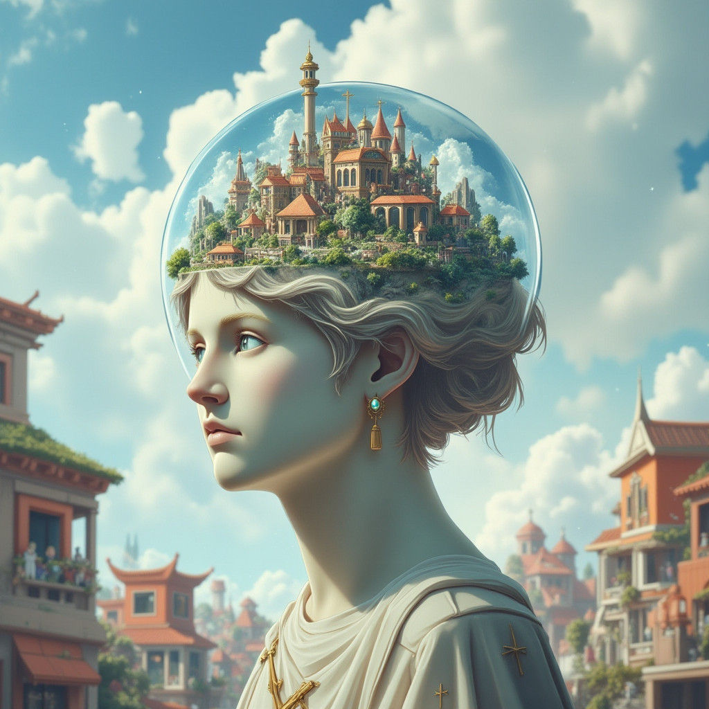 Bust with Miniature City in Glass Dome