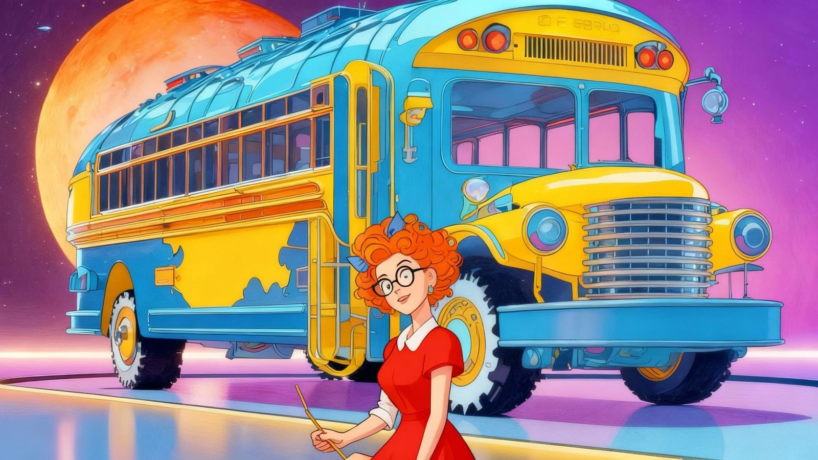 Miss Frizzle and Magic School Bus in Whimsical Cartoon Style