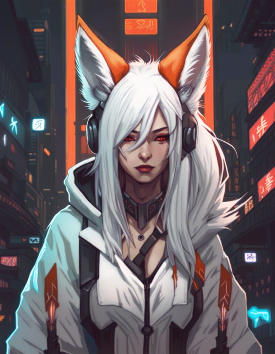 Cyberpunk Kitsune with White Hair and Fox Ears
