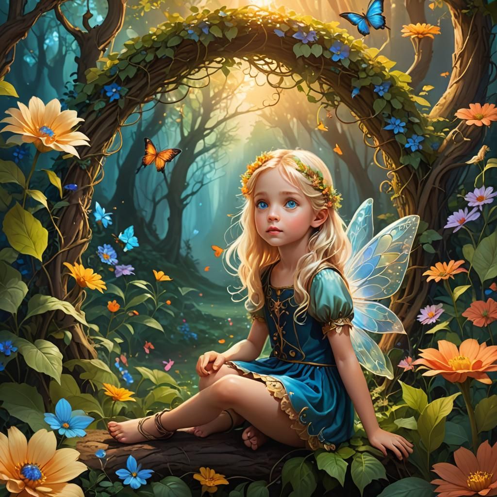 Blond Child on Fairy-Tale Flower in Digital Illustration
