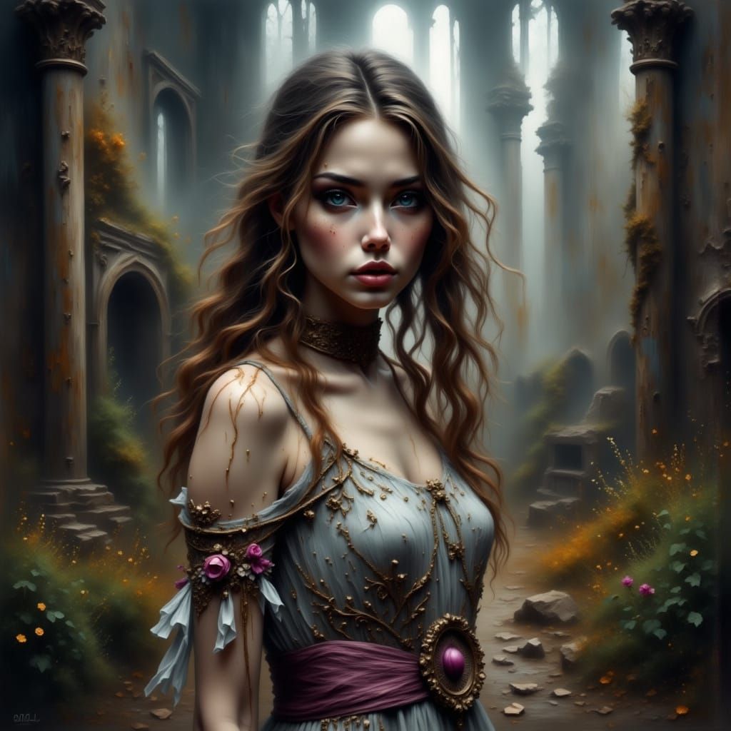 Mystical Woman in Church Ruins with Smokey Grunge