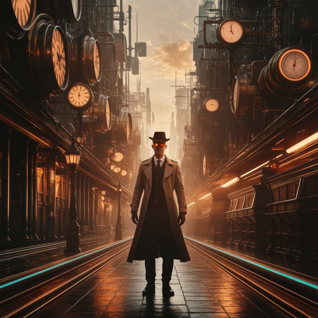Steampunk Cyberpunk Cityscape with Lone Figure