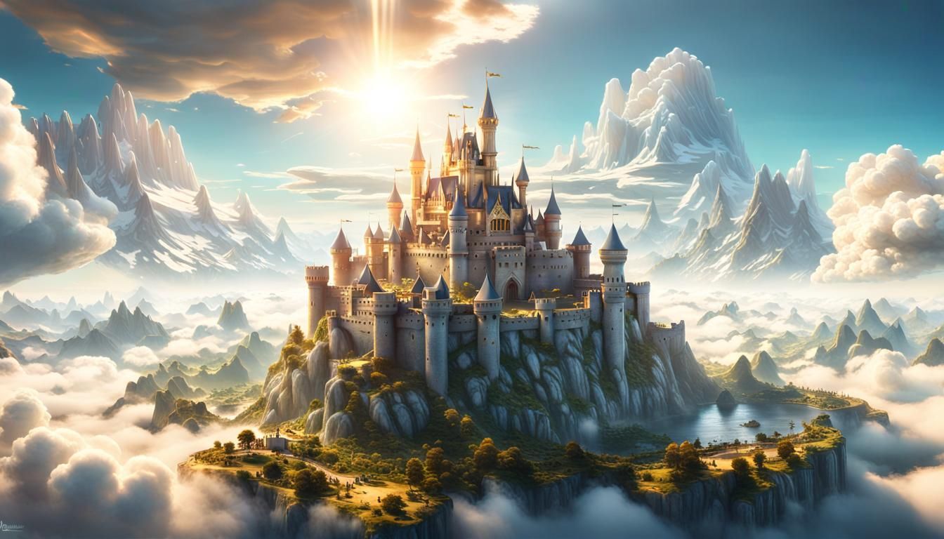 Fantasy Cloud Kingdom with Hidden Castle in Golden Light