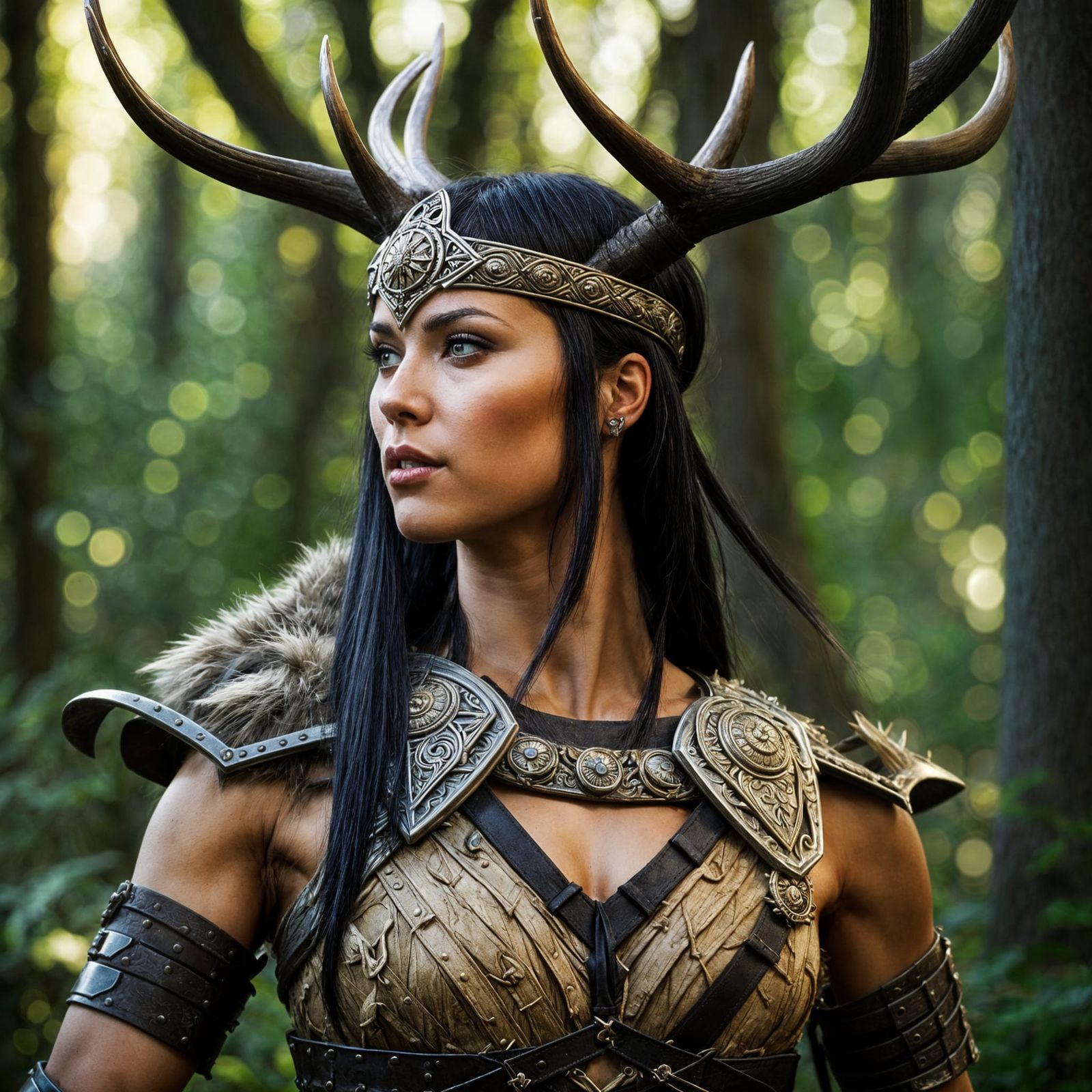 Forest Warrior with Antlers: Realistic Close-Up
