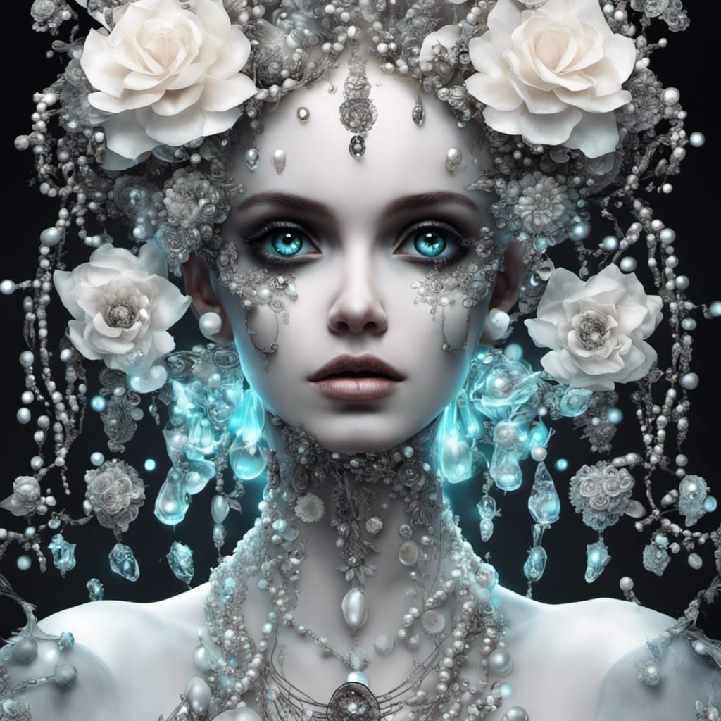 Android Woman Emerging from Bioluminescent Pearl Glow