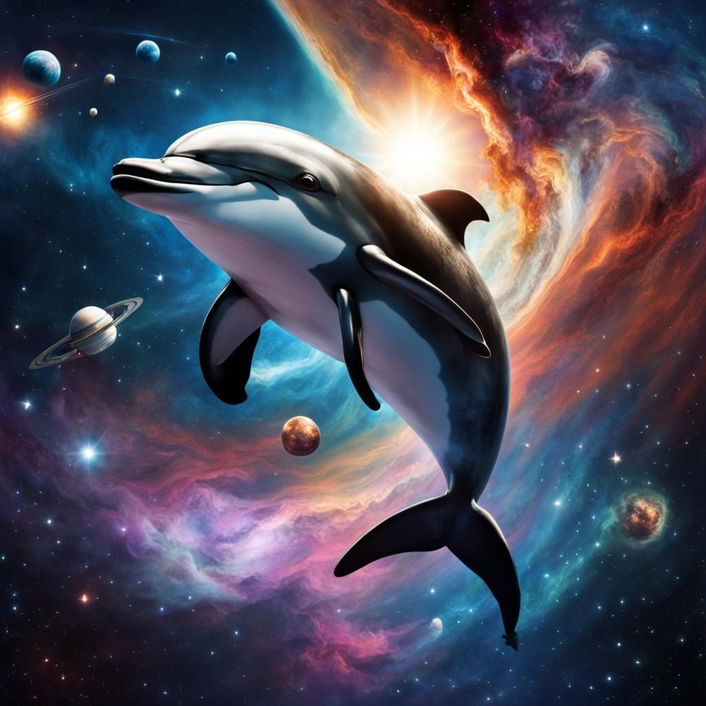 Golden Dolphin Flies Through Nebula with Astronauts