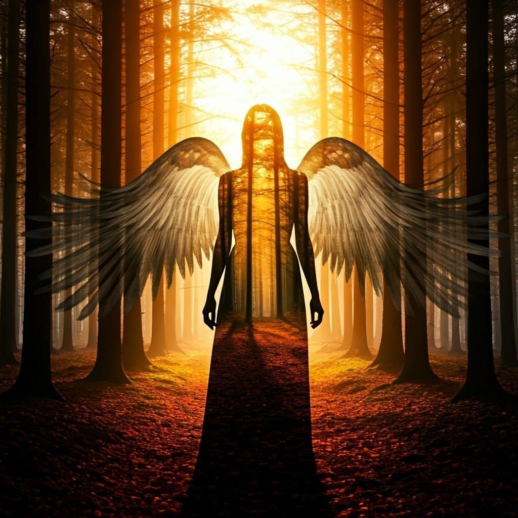 Ethereal Angel Emerges from Forest at Sunrise