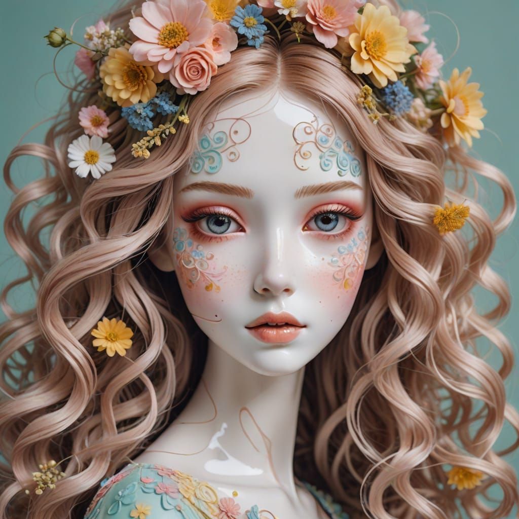 Woman's Face with Pastel Paint and Flowers in Dollcore Style