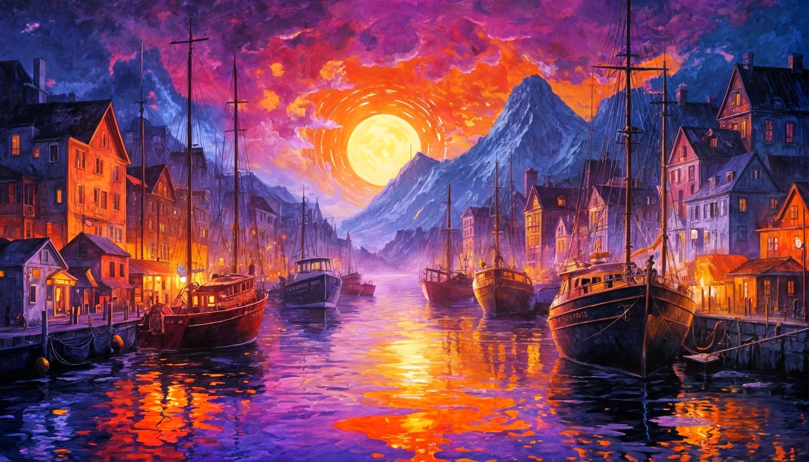 Vibrant Harbor Scene in Deep Blues and Burnt Oranges