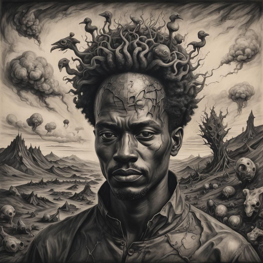 Surreal Charcoal Man Portrait on Infinite Landscape