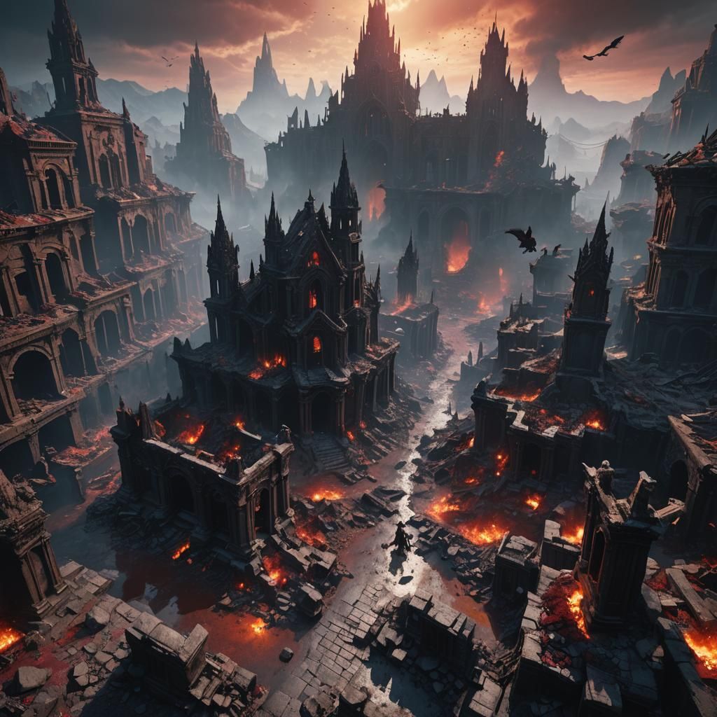 Hell's Ruined Cityscape with Dead Angels