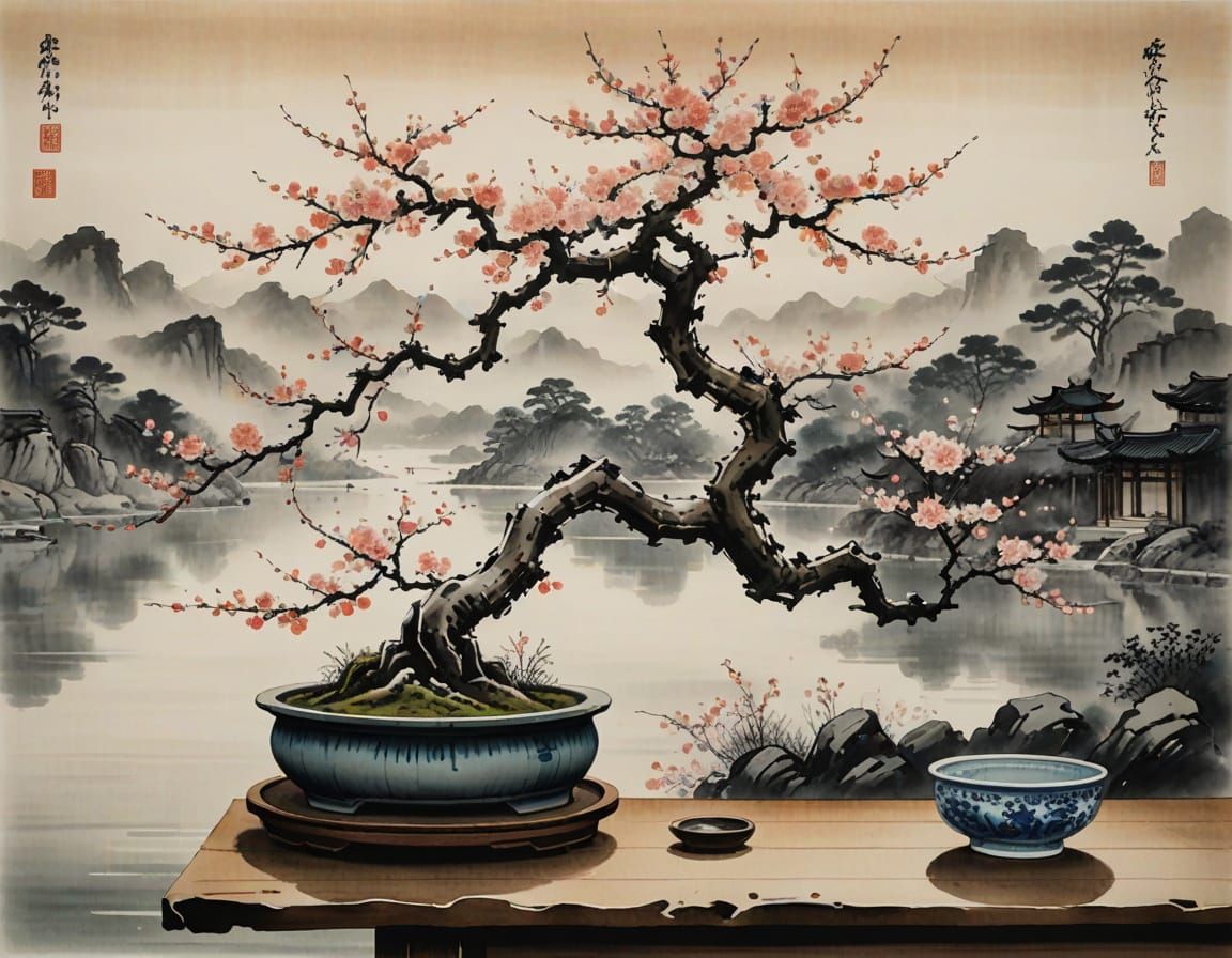 Bonsai Apple Tree in Traditional Chinese Ink Painting Style