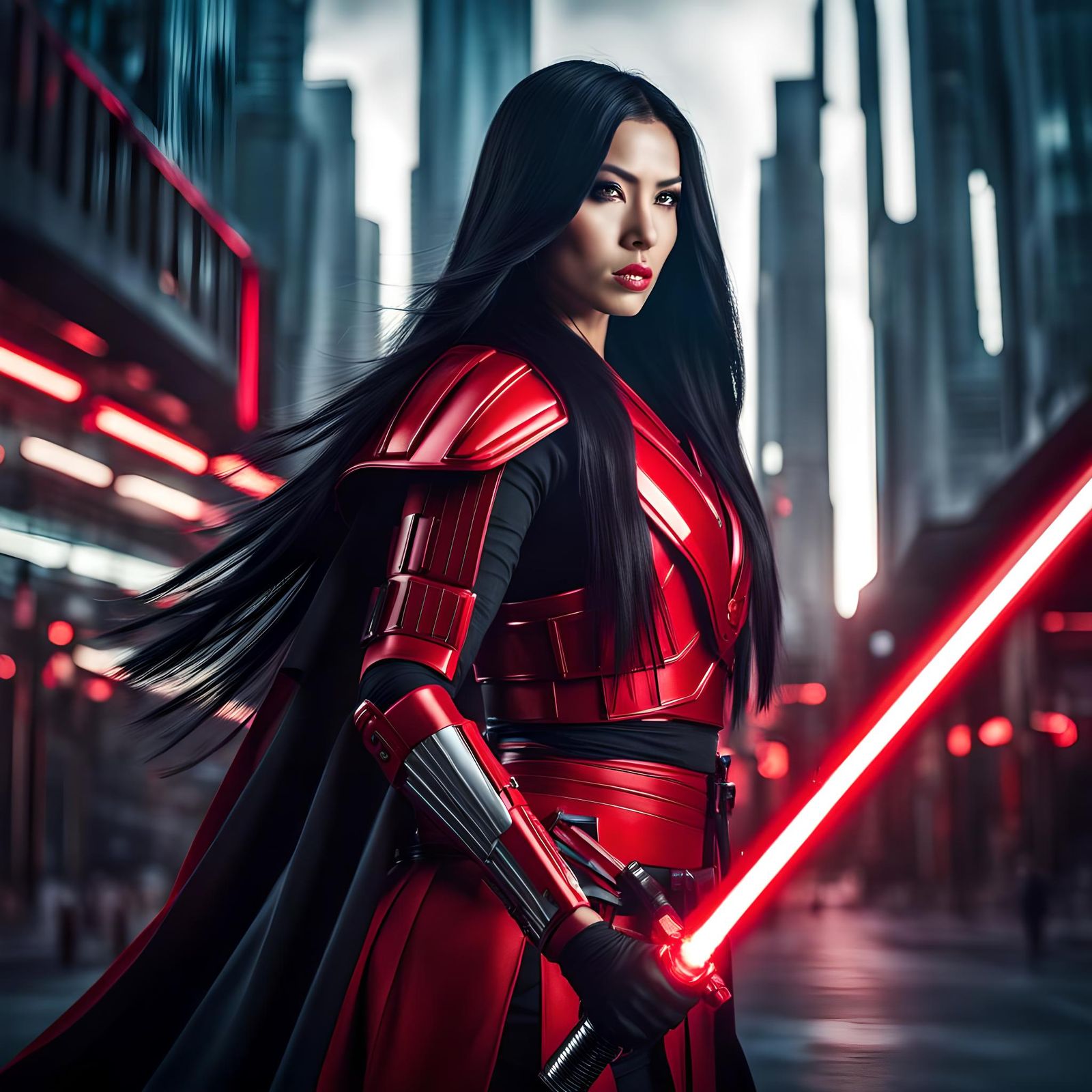 Hyperrealistic Jedi Warrior in Futuristic City