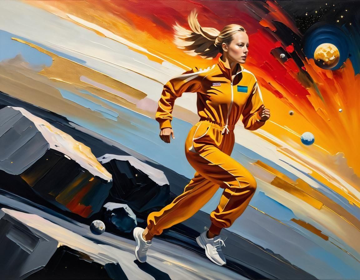 Radiant Spacecore Jogger Runs on Asteroid Oil Painting