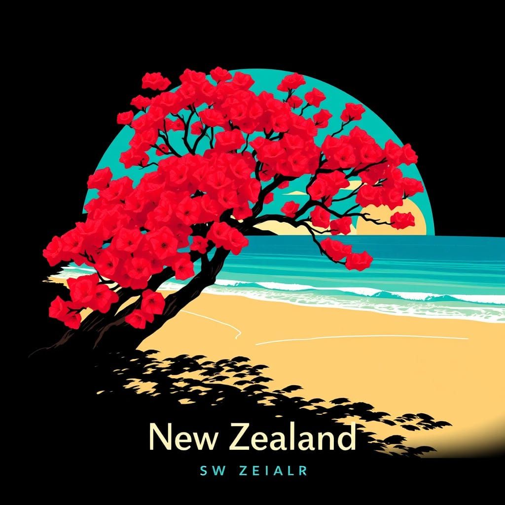 Vibrant Tropical Beach Scene with Pōhutukawa Tree in Full Bl...