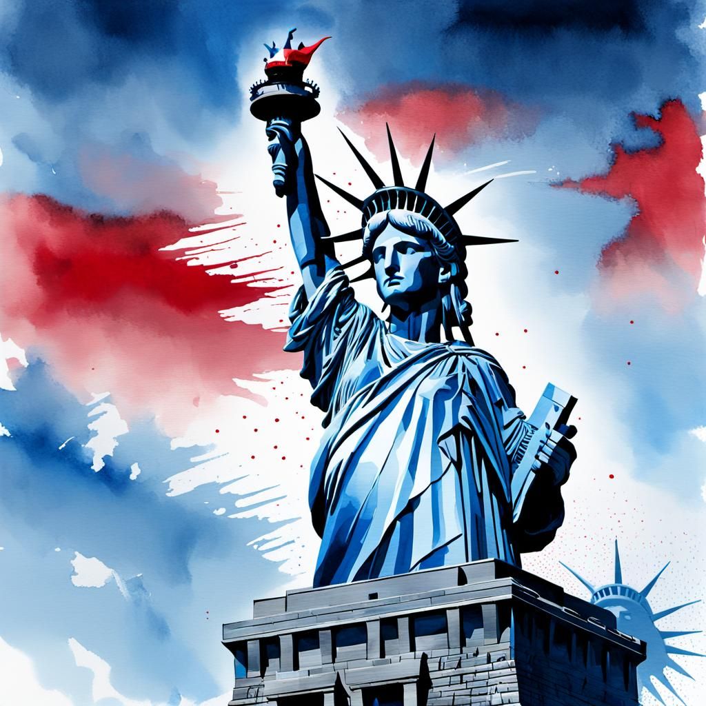 Blue Statue of Liberty: Surreal Watercolor Painting