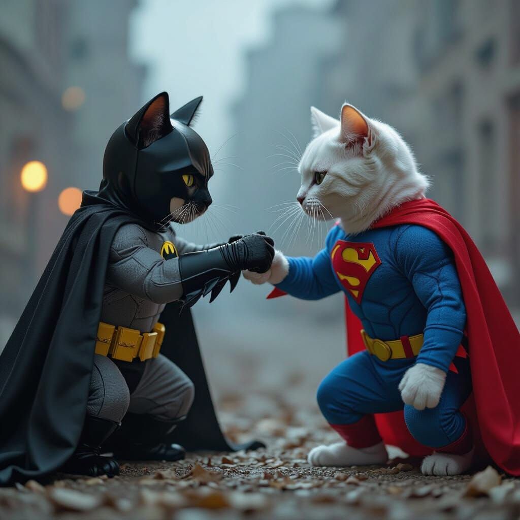 Cats Dressed as Batman and Superman Duel