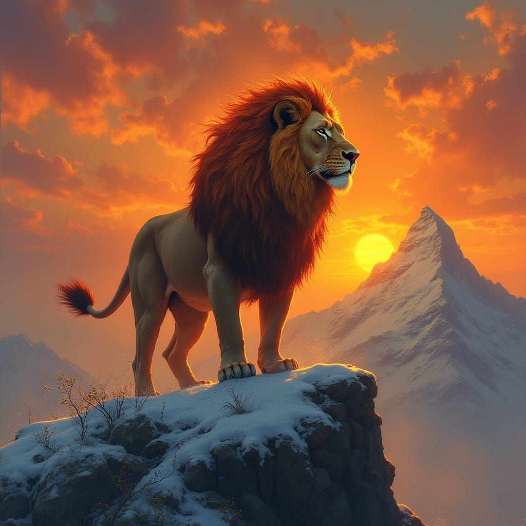 Fiery-Maned Lion on Snowy Peak at Sunset