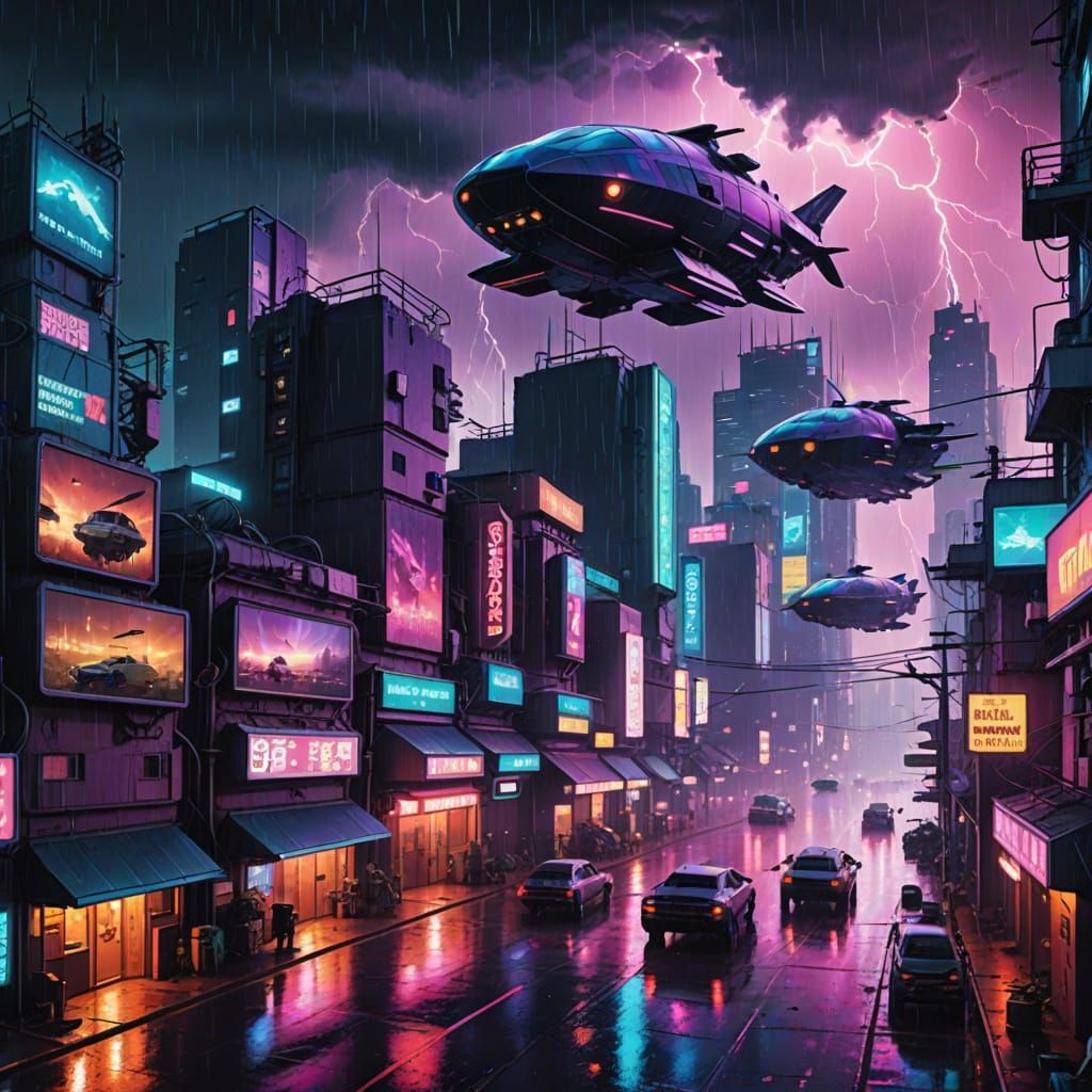 Cyberpunk Neo Tokyo Cityscape with Flying Cars