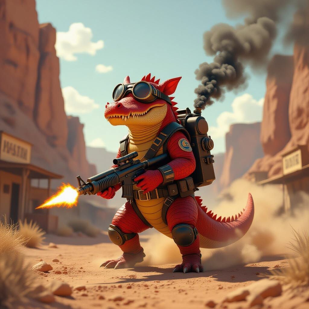 Red Kobold Hovering Defiantly in Dusty Town