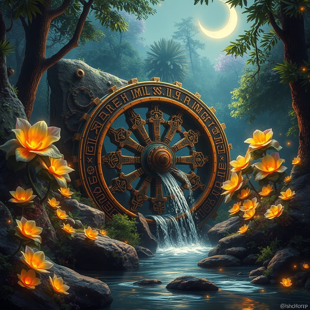 Mystical Water Wheel in Whimsical Forest