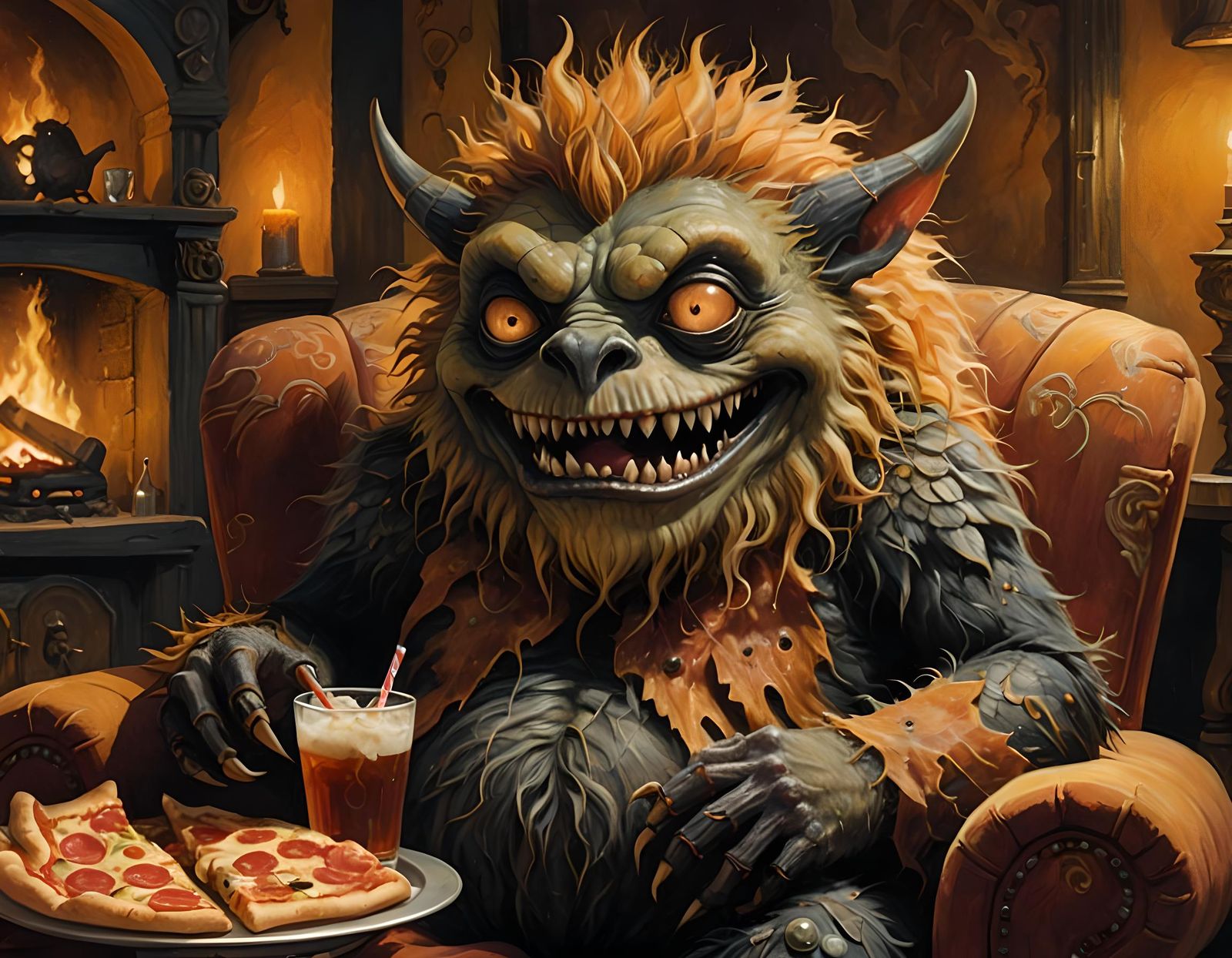 Cute Monster Enjoying Pizza in Armchair