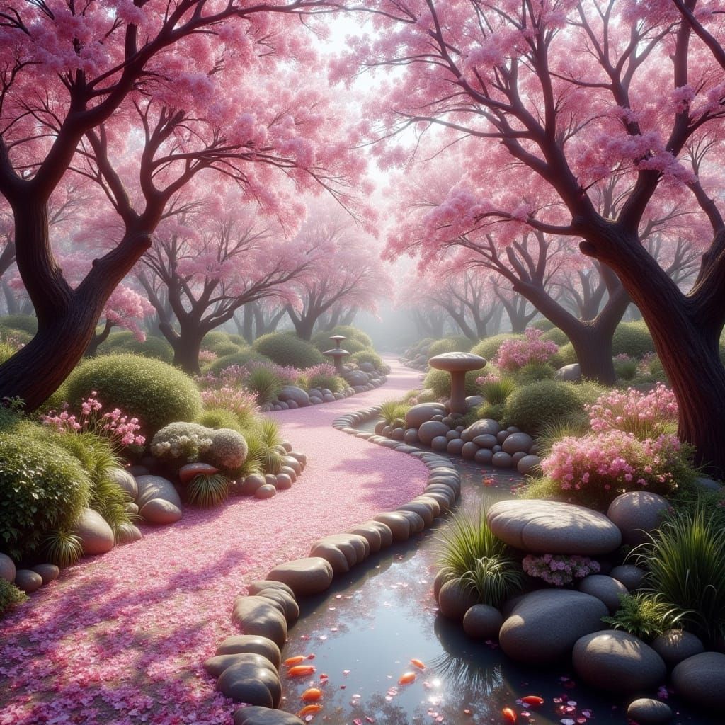 Cherry Blossom Garden with Pink Petals and Koi Ponds