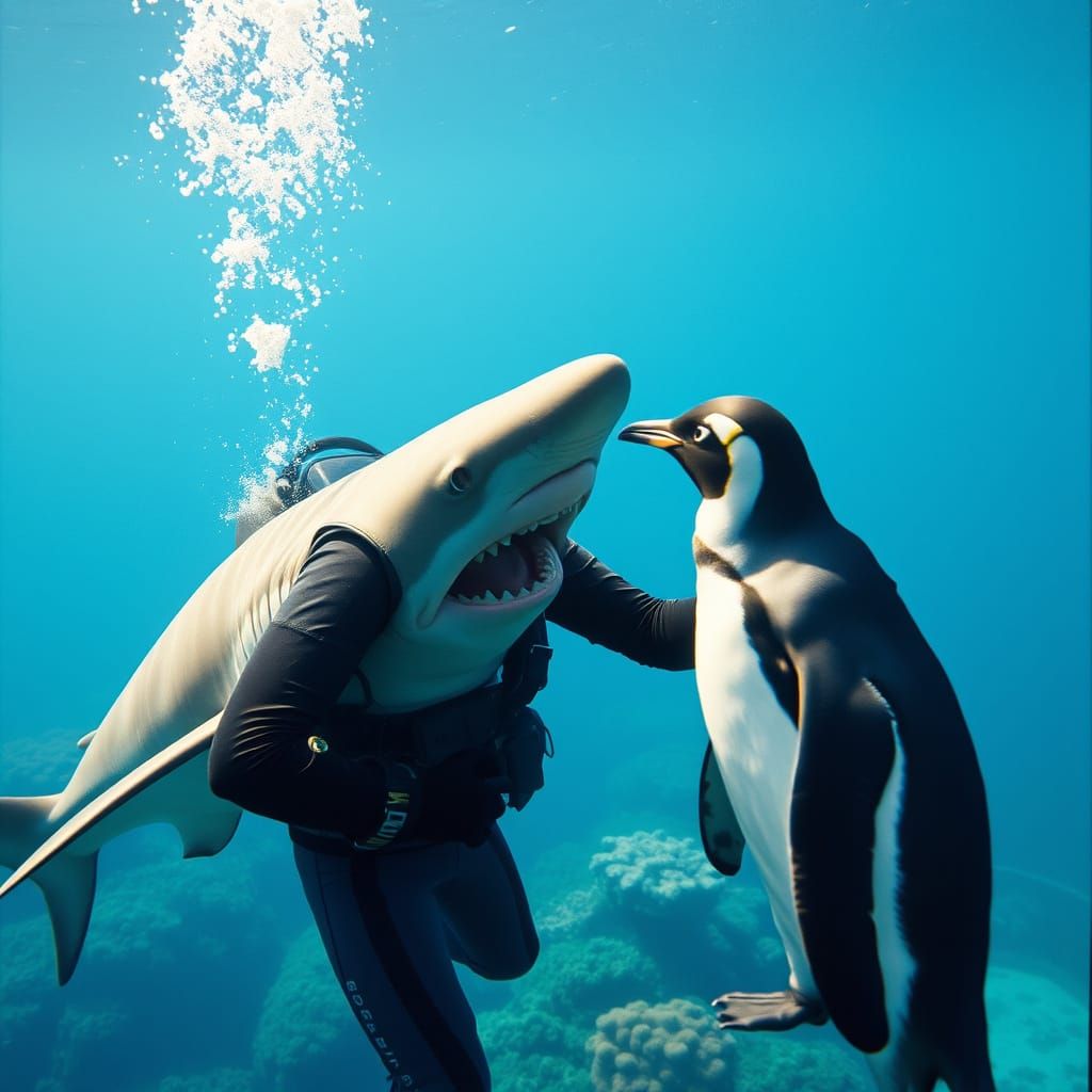 Diver's Tense Encounter with Shark and Penguin