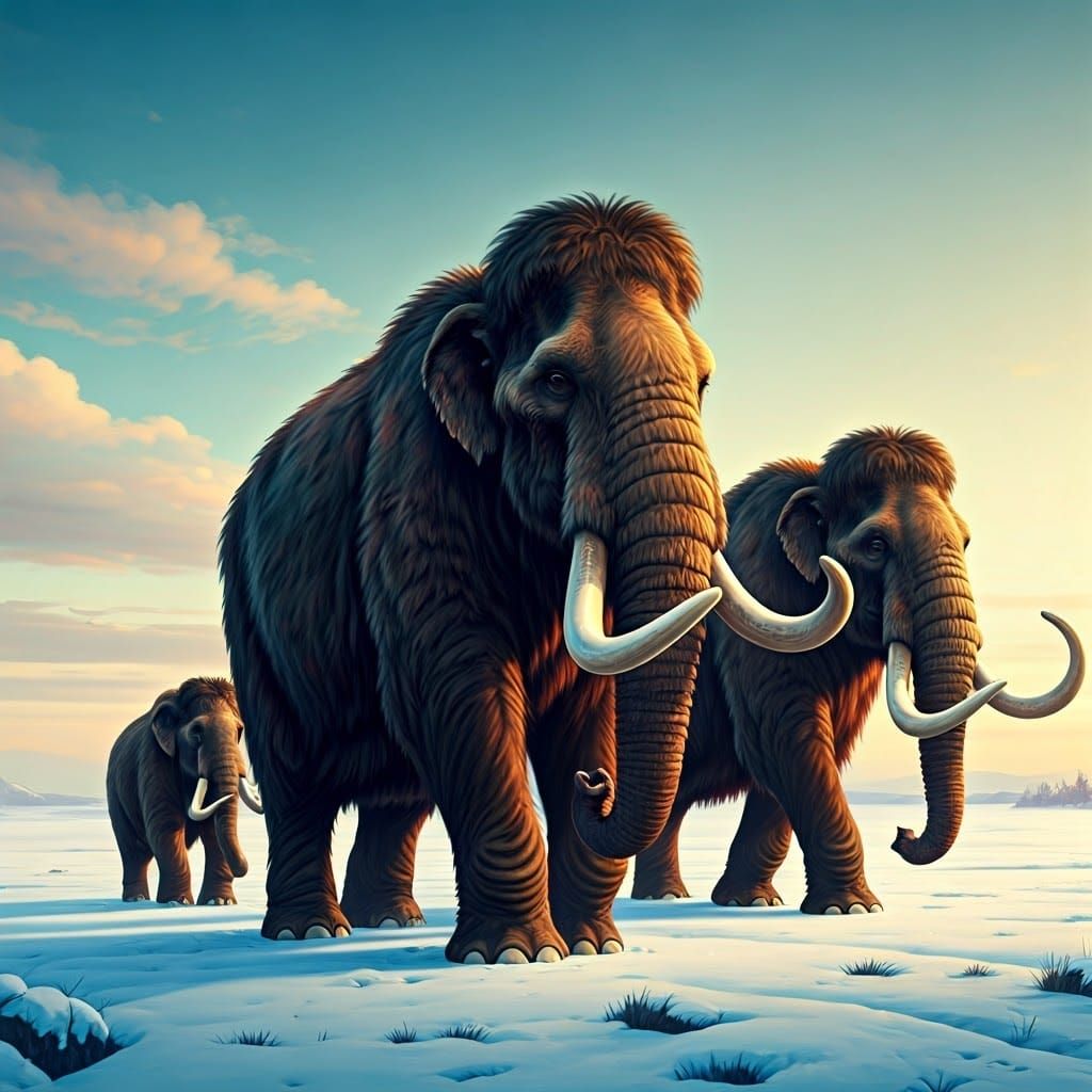 Majestic Woolly Mammoths in Pre-Raphaelite Style