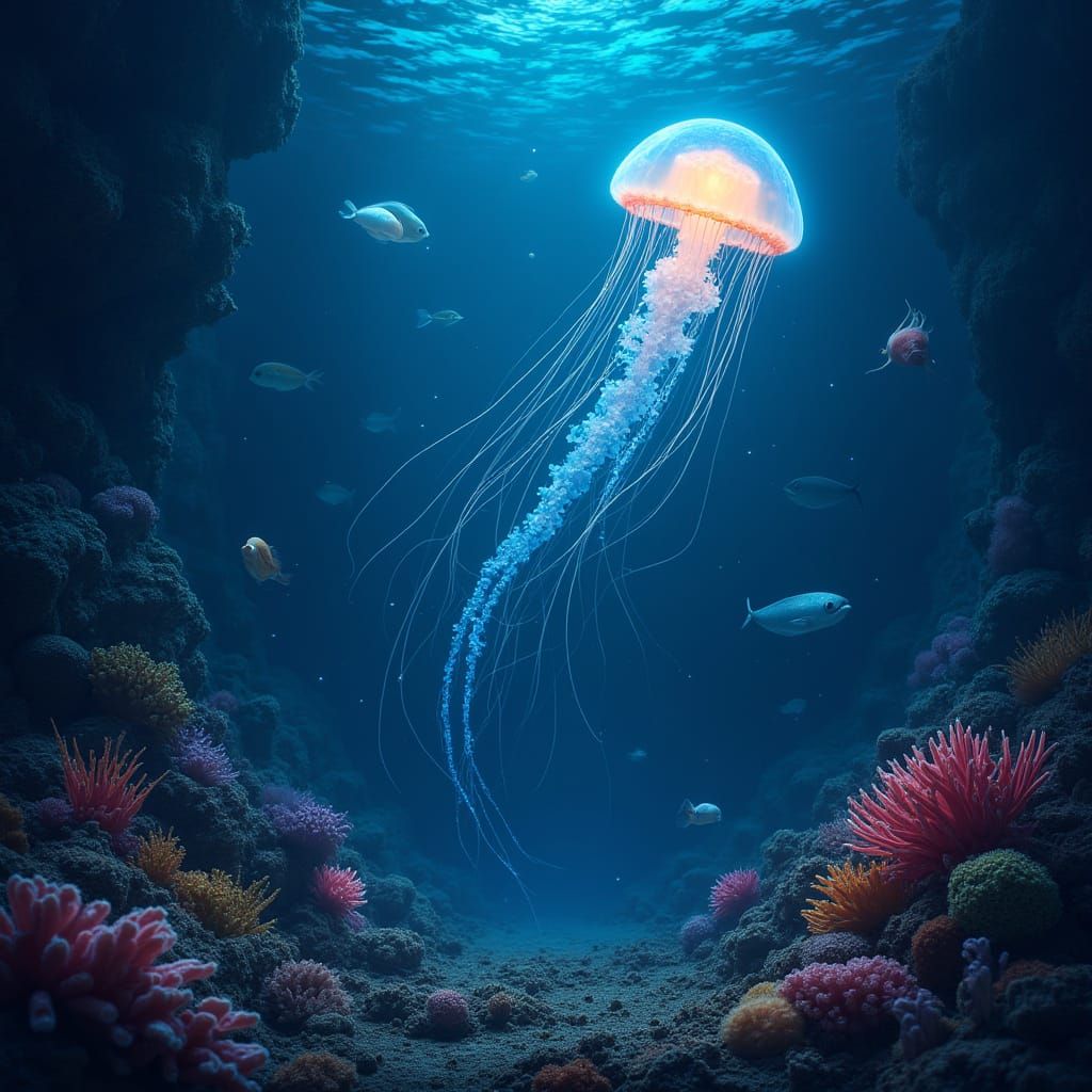 Surreal Bioluminescent Jellyfish Dances Among Ocean Creature...