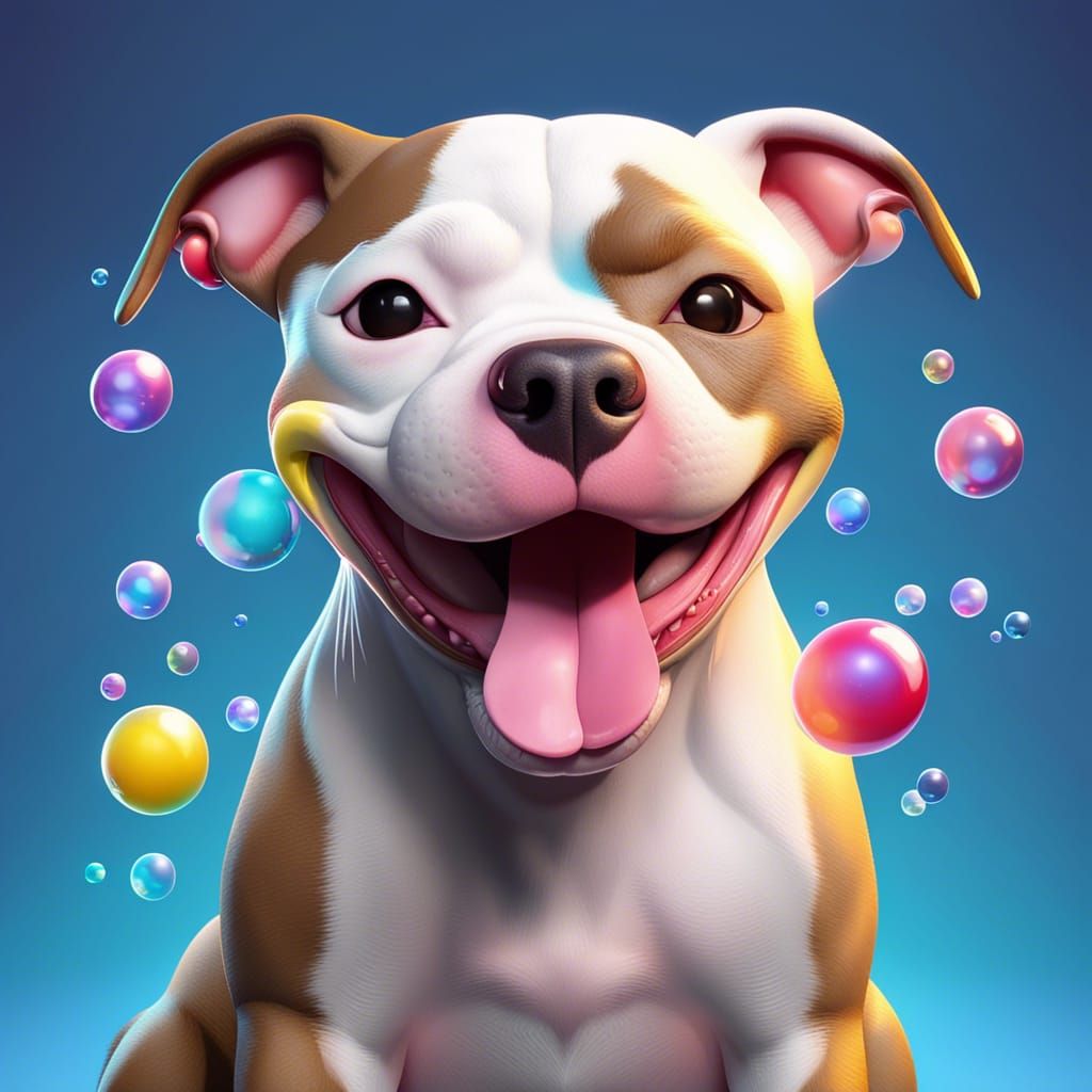 Happy Pitbull with Bubbles: Pixar-Style 3D Render